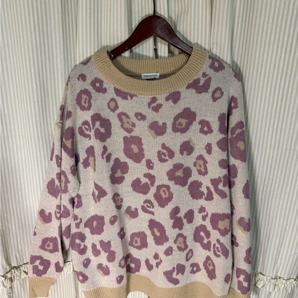 Chic Soul Cream and Pink Leopard Sweater